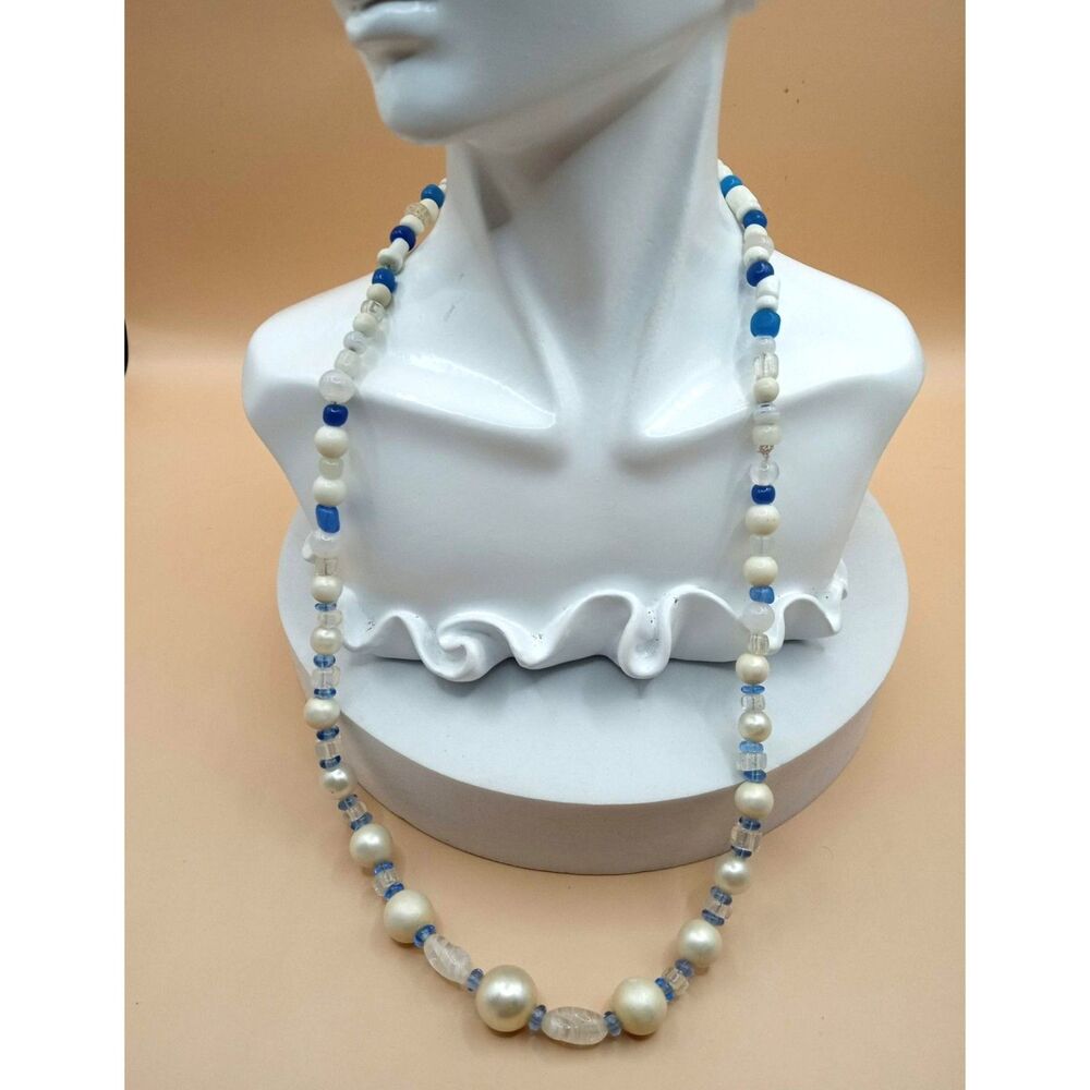 Vintage Graduated Faux Pearl Strand w Lampwork Glass Beads Marked Japan Necklace